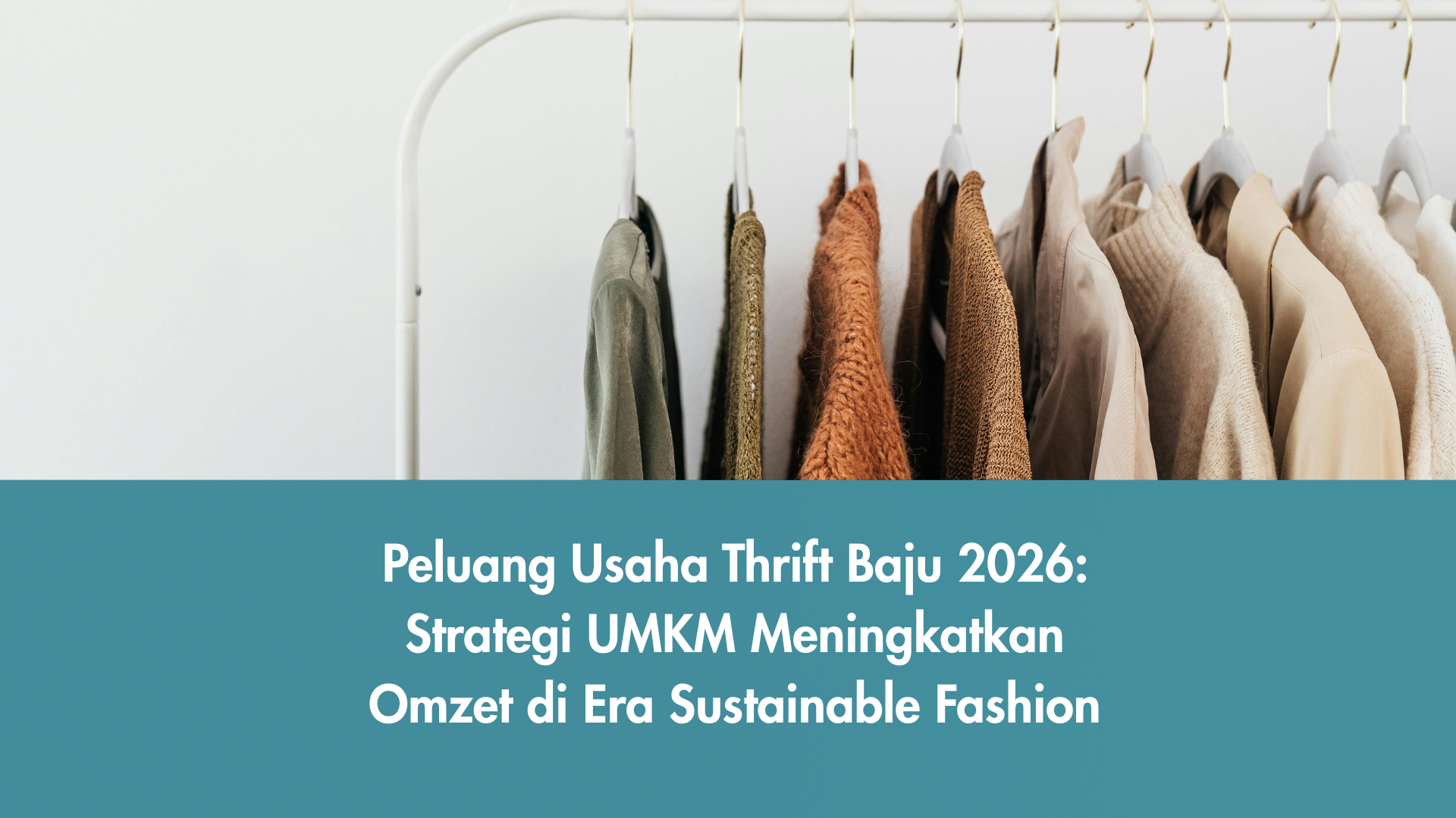 Ilustrasi usaha thrift baju dengan koleksi pakaian preloved yang tertata rapi di rak toko.